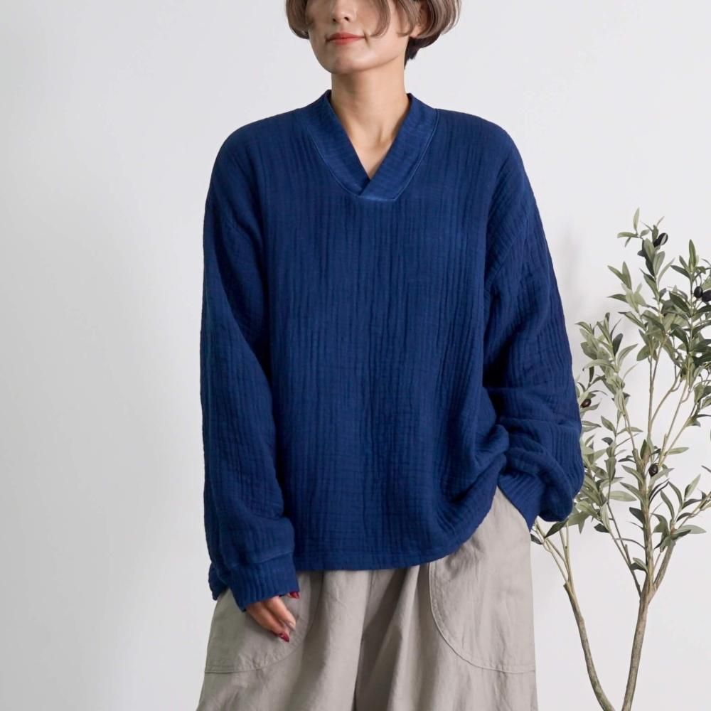 Vネックもこもこガーゼプルオーバー | ネイビー | 三河織物6重