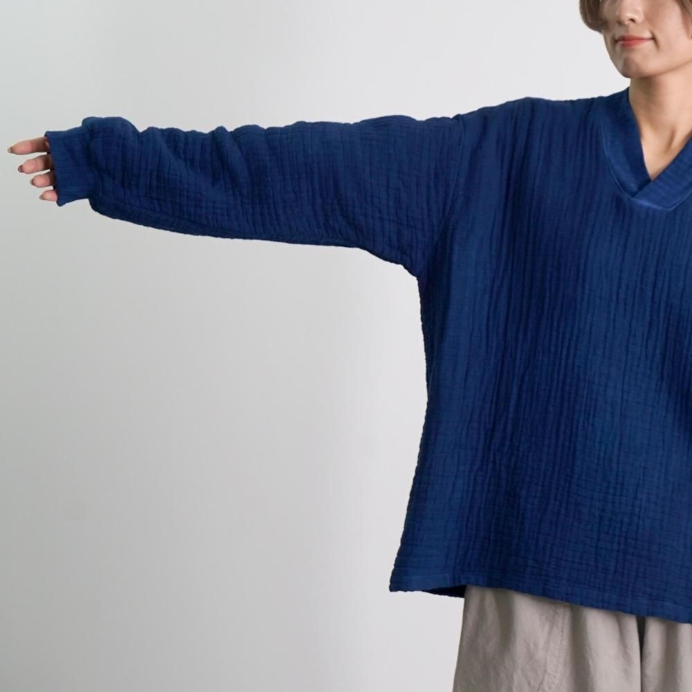 Vネックもこもこガーゼプルオーバー | ネイビー | 三河織物6重