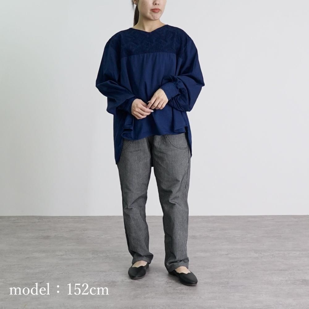 福袋】刺繍ブラウス/ネイビー＋よろけ縞一本刺し子スッキリサルエル