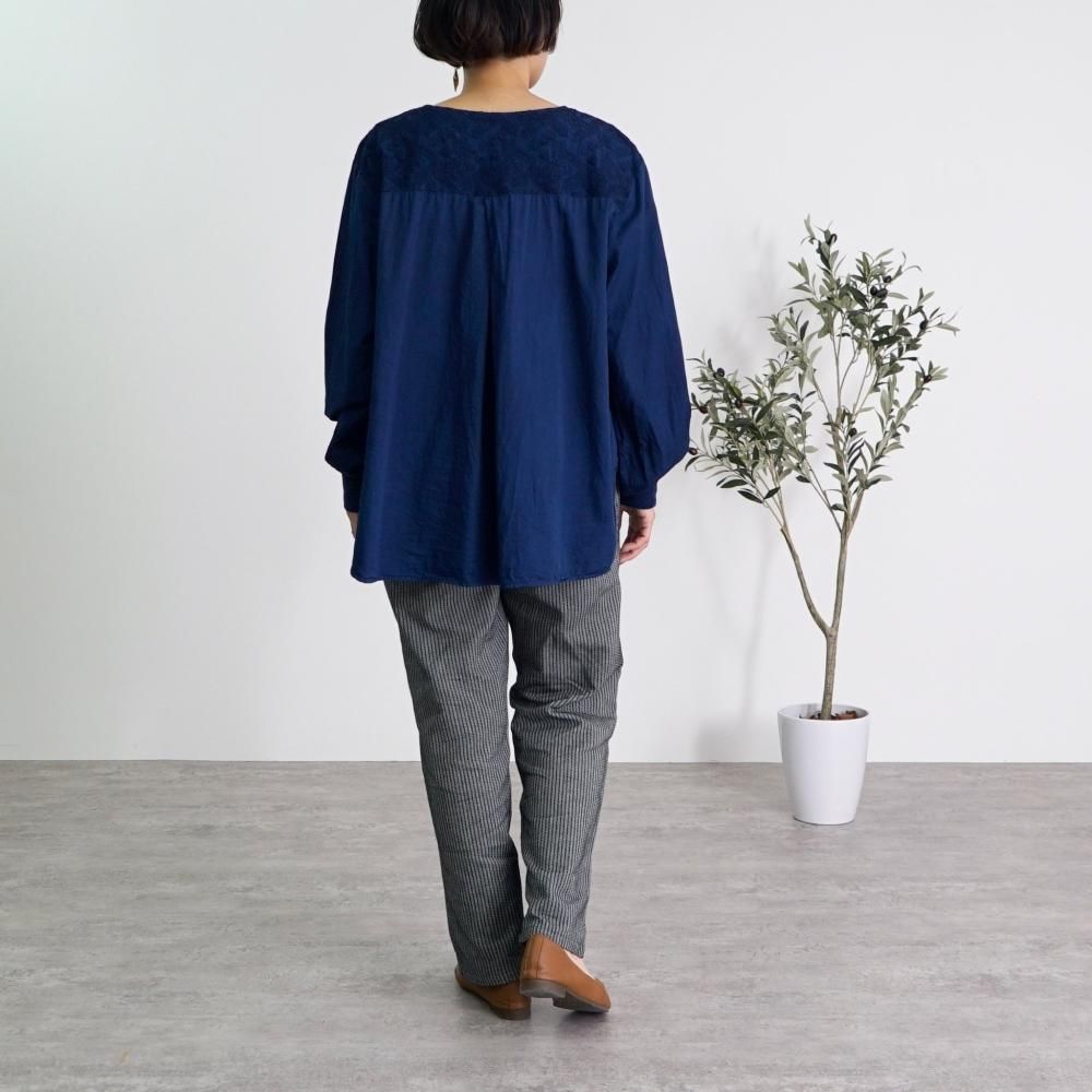 福袋】刺繍ブラウス/ネイビー＋よろけ縞一本刺し子スッキリサルエル