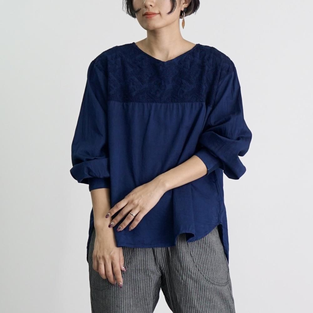 福袋】刺繍ブラウス/ネイビー＋よろけ縞一本刺し子スッキリ