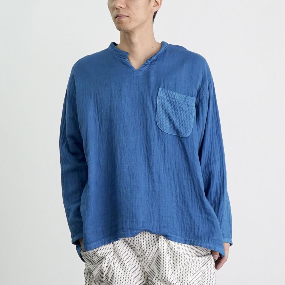 UZUIRO 知多綿チェックガーゼTシャツ TSUGIHAGIブルー ゆったり