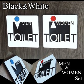 MEN & WOMEN 2枚セット おしゃれな 木製 壁付け トイレプレート ブラック＆ホワイト ドアプレート 立体 凸凹