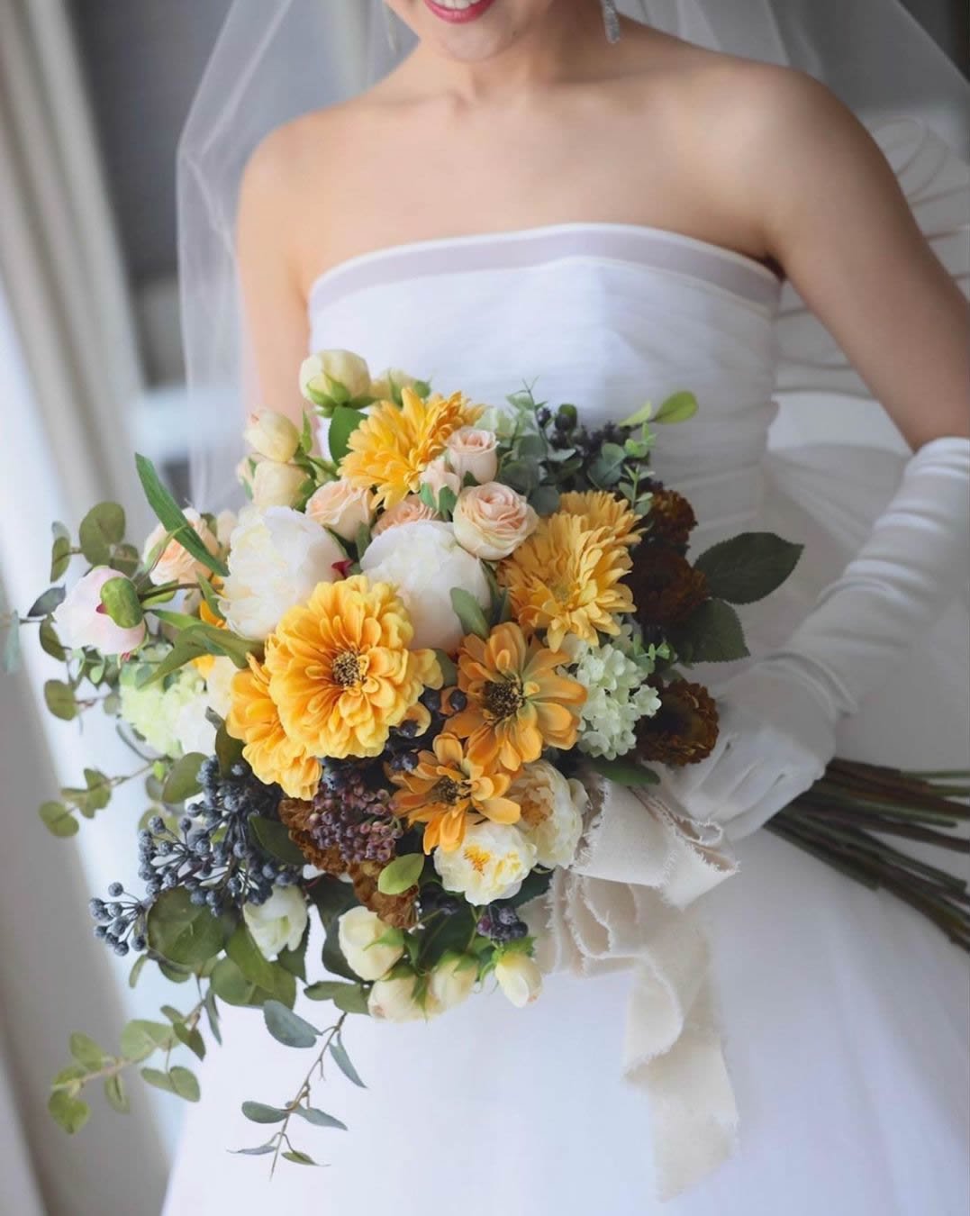黄色の高級造花の結婚式ウェディングブーケオーダーメイド作品例