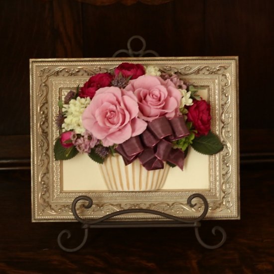 プリザブーブドフラワーのピンクのバラの壁掛け『花絵』　　ウエディング・両親贈呈用ケース入りラッピング付　 