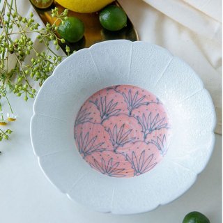 有田焼　手描き　オレンジ釉花絵　花型鉢
