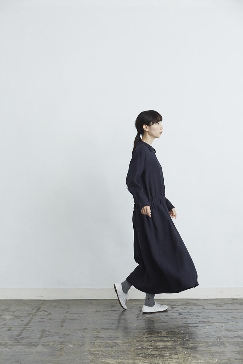 linen wool shirt one-piece / navy - atelier naruse | Online store