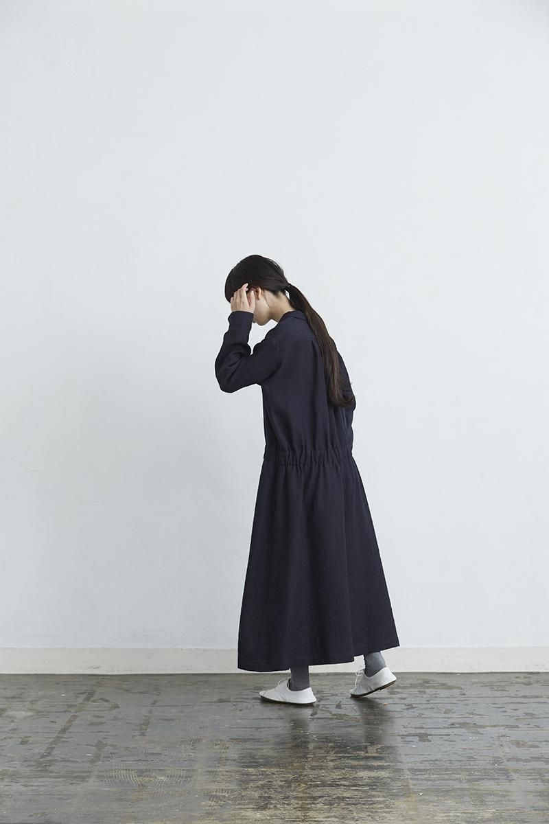 linen wool shirt one-piece / navy - atelier naruse｜Online store