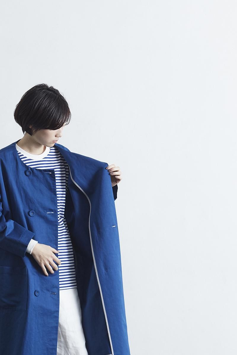 linen cotton W button spring coat / blue - atelier naruse linen cotton W button spring coat / blue - atelier naruse