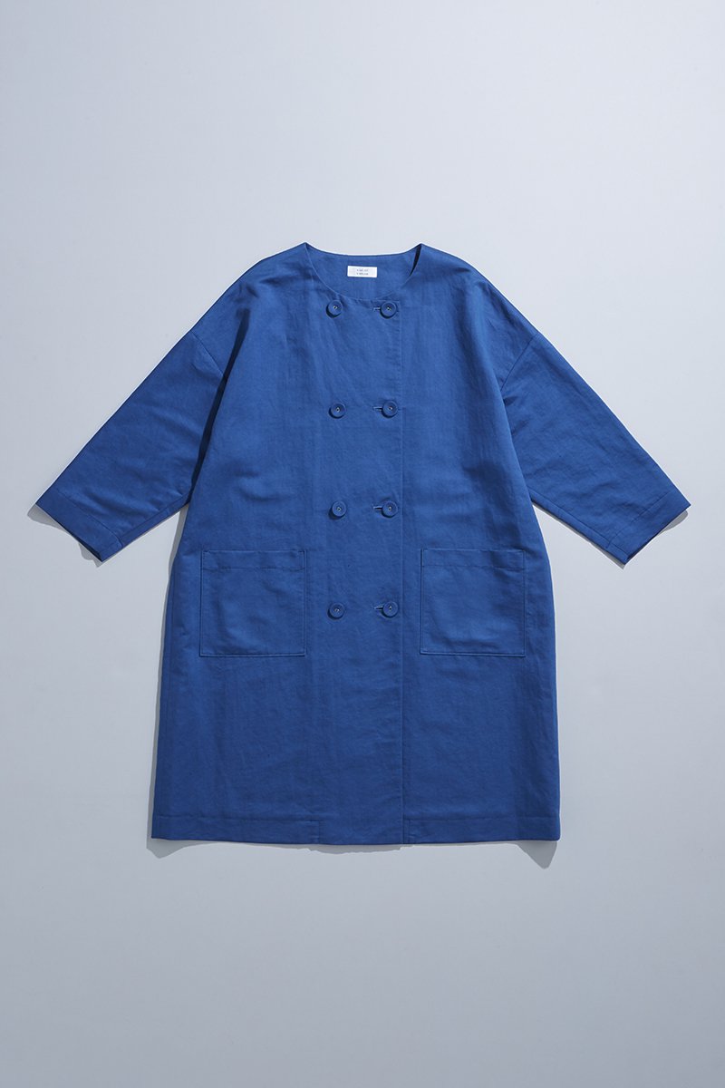 linen cotton W button spring coat / blue