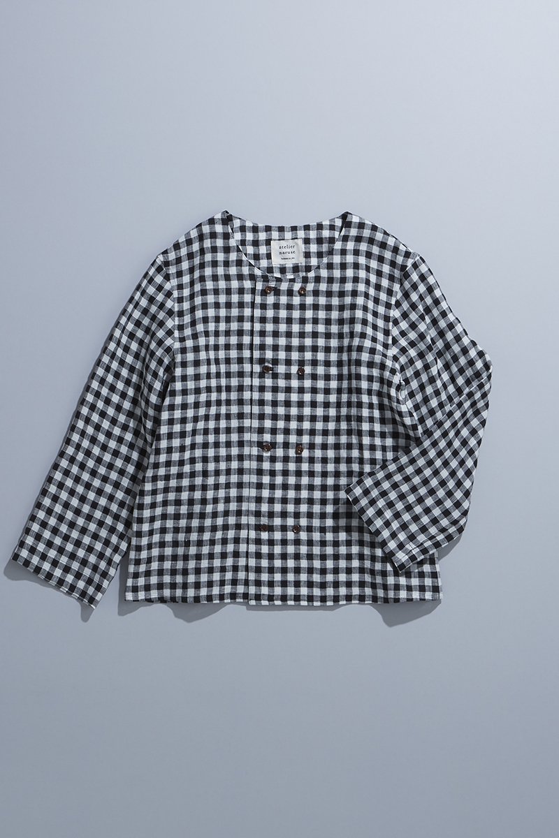 linen W button blouse  / gingham