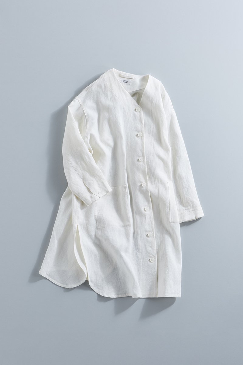 linen canvas V neck long shirt / off white