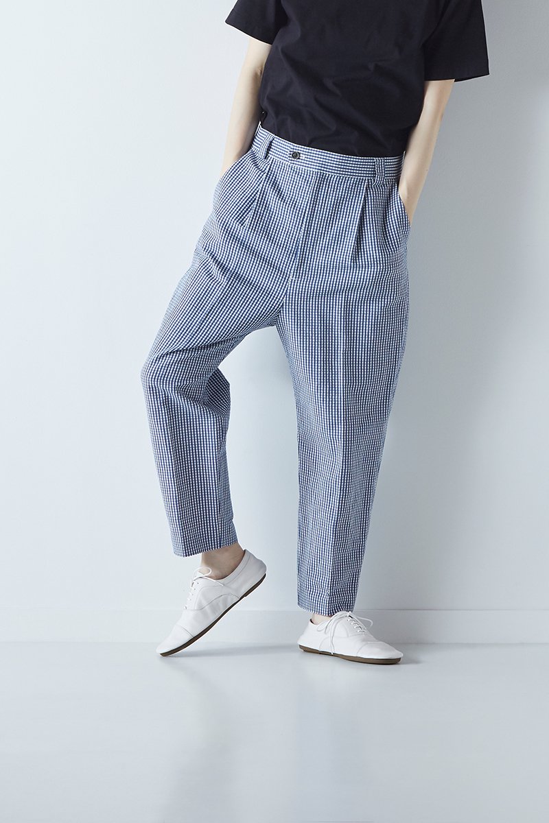 cotton linen blue-gingham tapered pants - atelier naruse | Online 