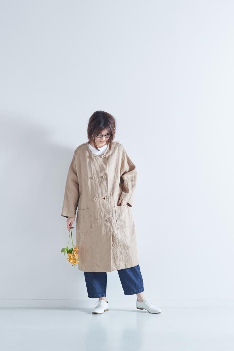 linen denim W-button spring coat / beige - atelier naruse