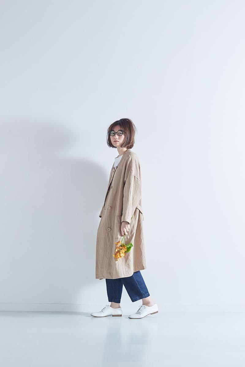 linen denim W-button spring coat / beige - atelier naruse | Online 