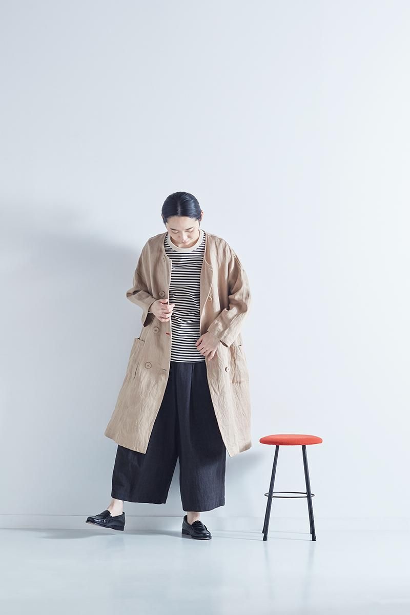 linen denim W-button spring coat / beige - atelier naruse