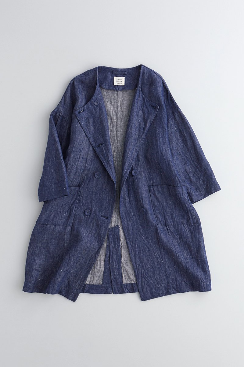 linen denim W-button spring coat / indigo