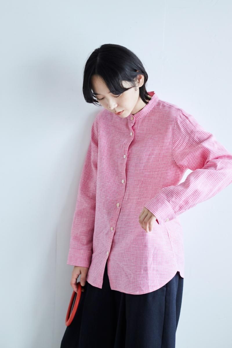 french linen mini gingham band-collar shirt - atelier naruse