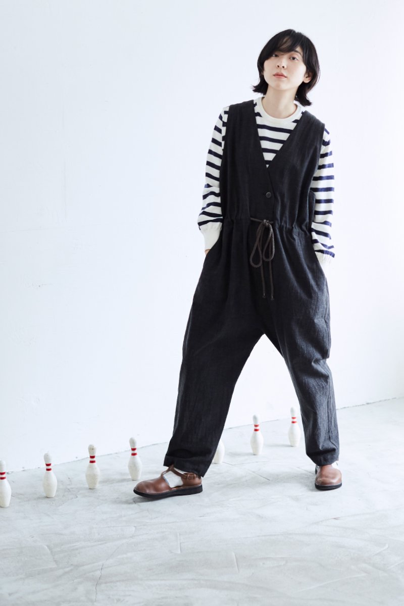 cotton slab over-alls / black - atelier naruse | Online store