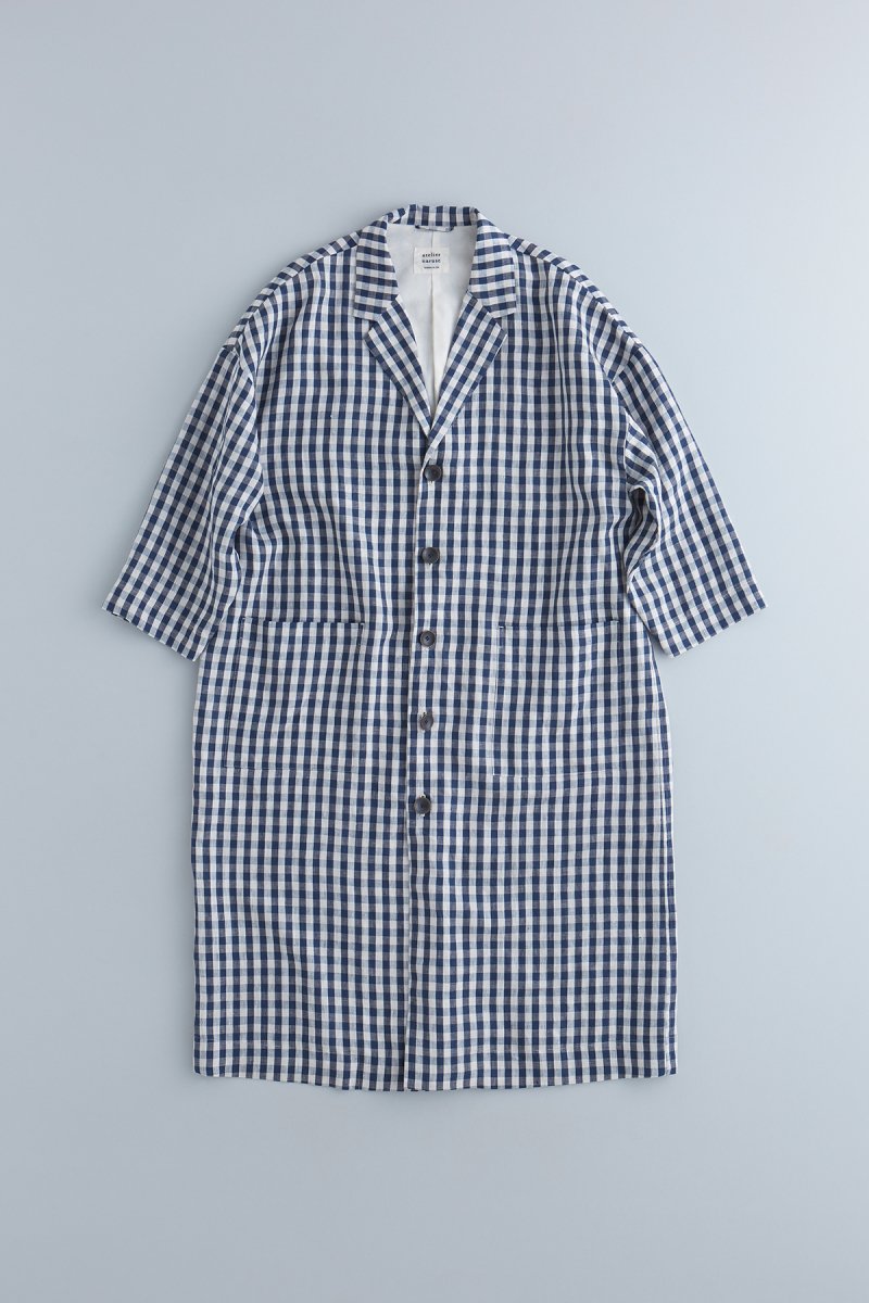 linen tailored coat / gingham checknavy