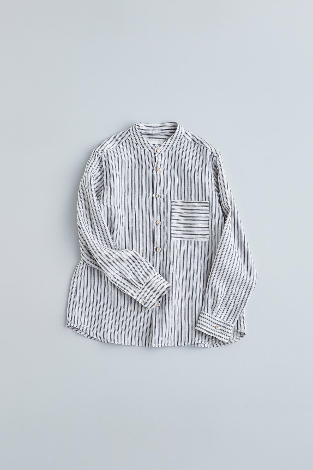 linen band-collar shirt（double stripe） - atelier naruse