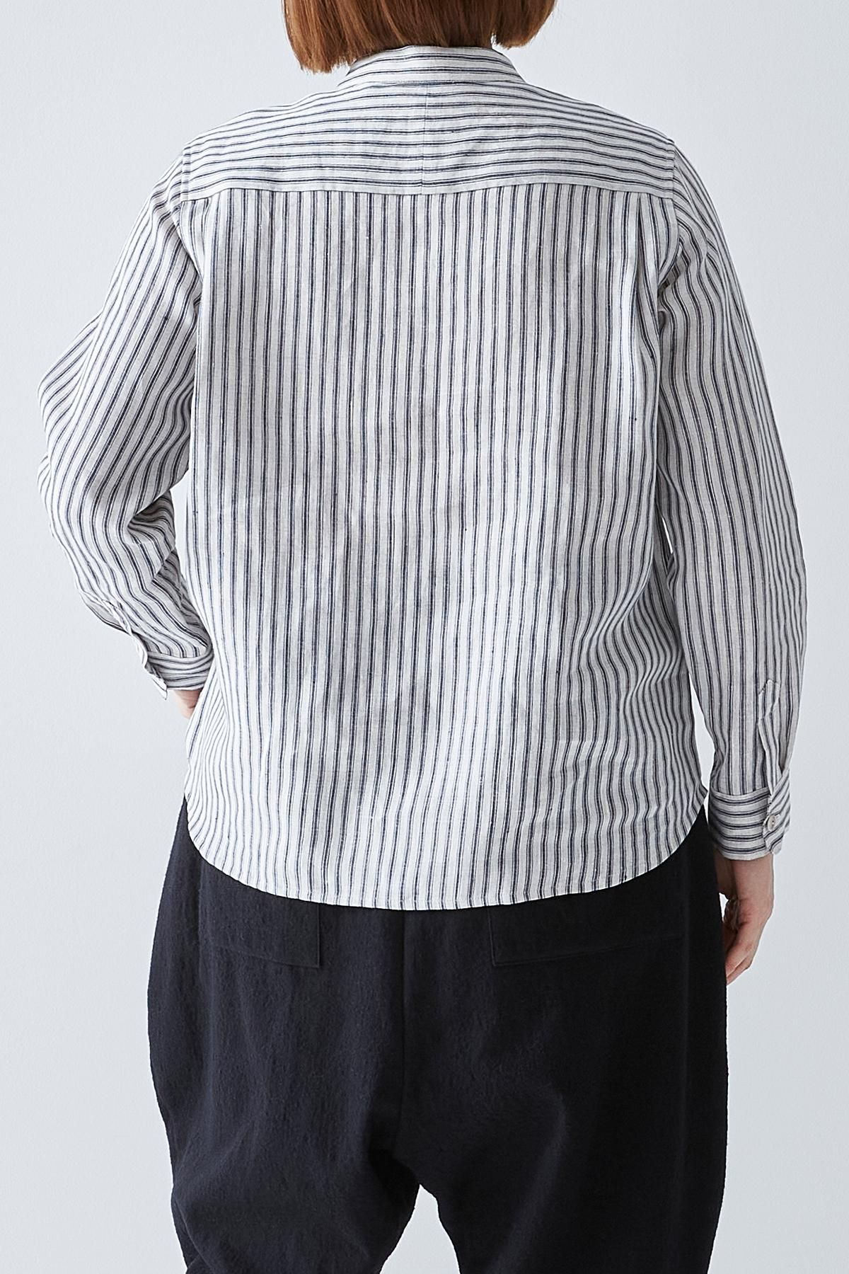 linen band-collar shirt（double stripe） - atelier naruse｜Online