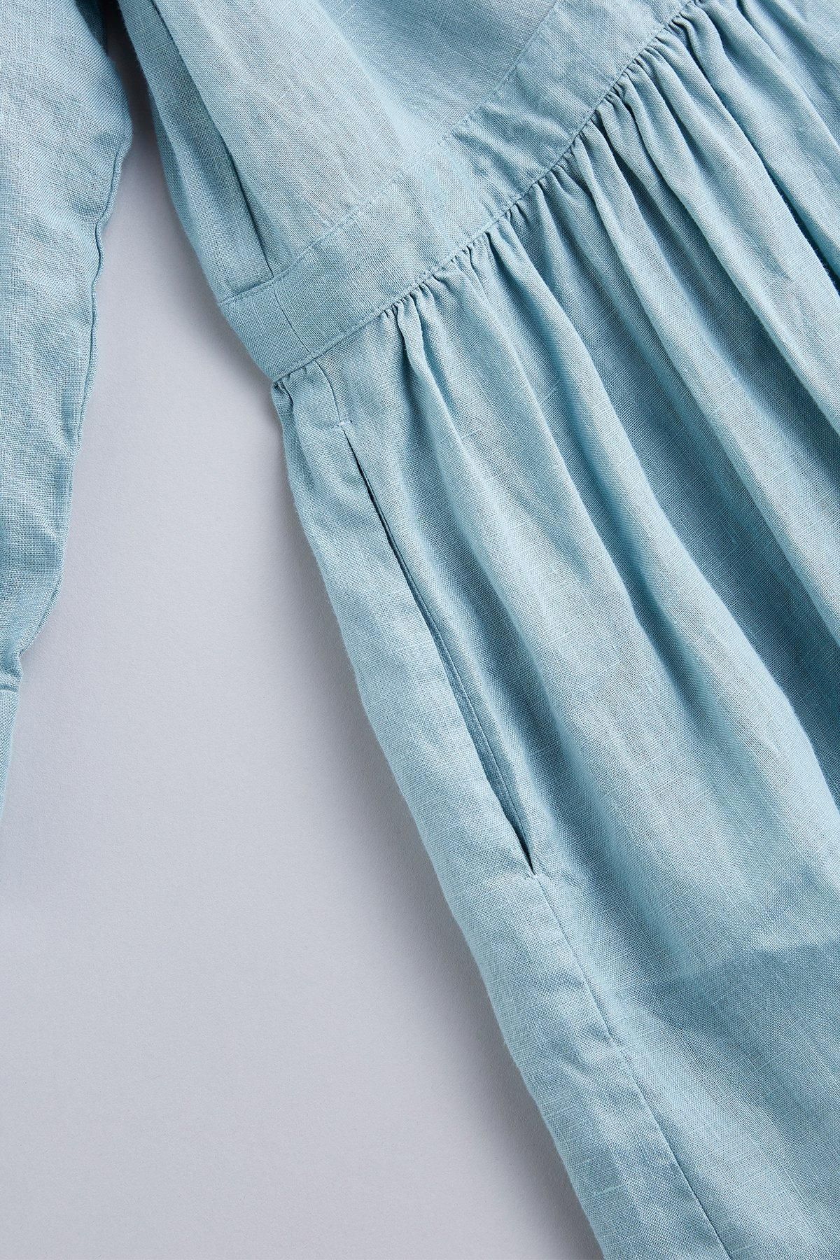 linen shirt gather one-piece / aqua blue - atelier naruse