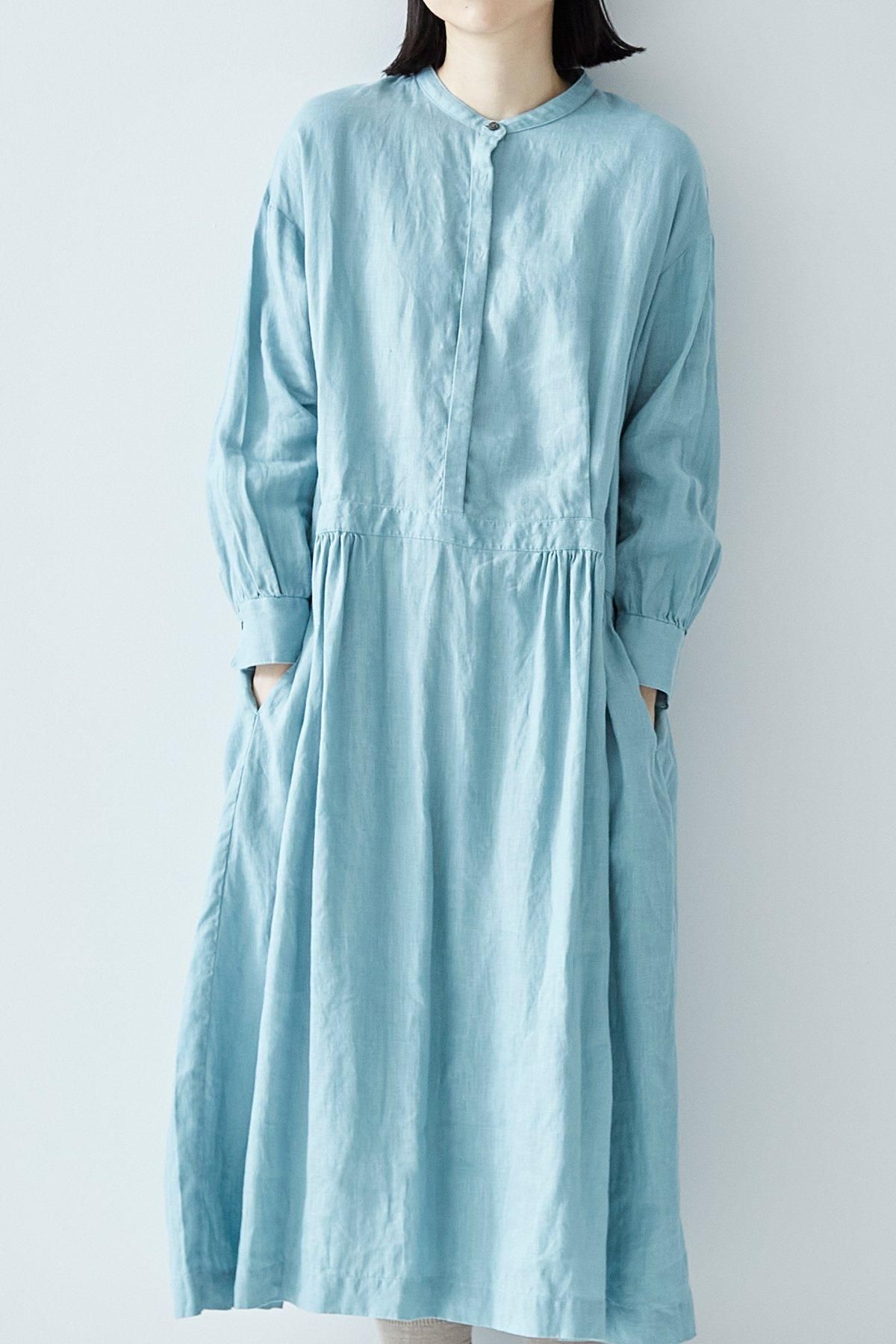 linen shirt gather one-piece / aqua blue - atelier naruse