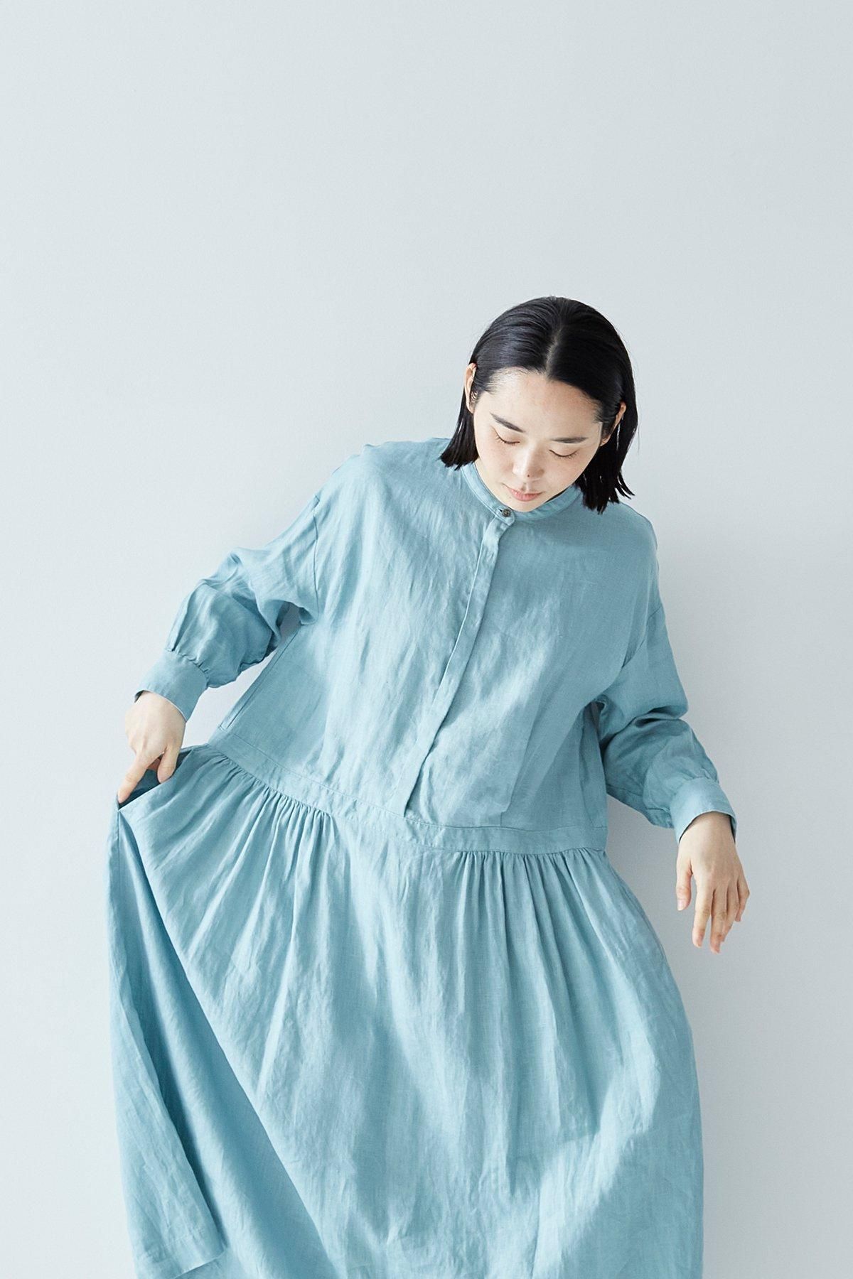 linen shirt gather one-piece / aqua blue - atelier naruse linen shirt gather one-piece / aqua blue - atelier naruse