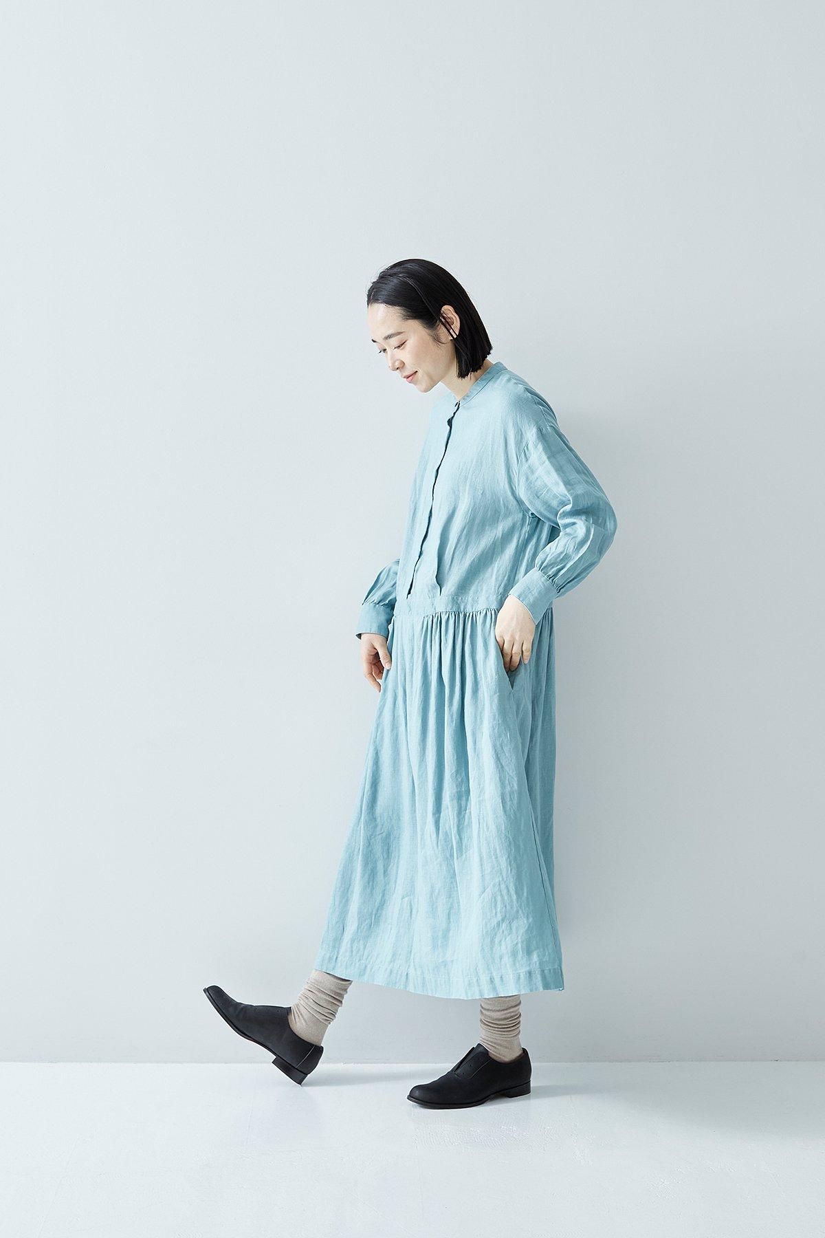 linen shirt gather one-piece / aqua blue - atelier naruse linen shirt gather one-piece / aqua blue - atelier naruse