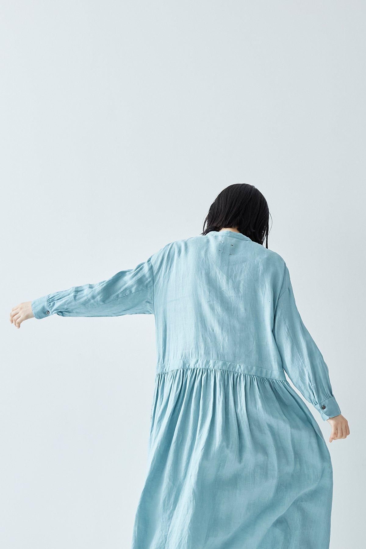 linen shirt gather one-piece / aqua blue - atelier naruse