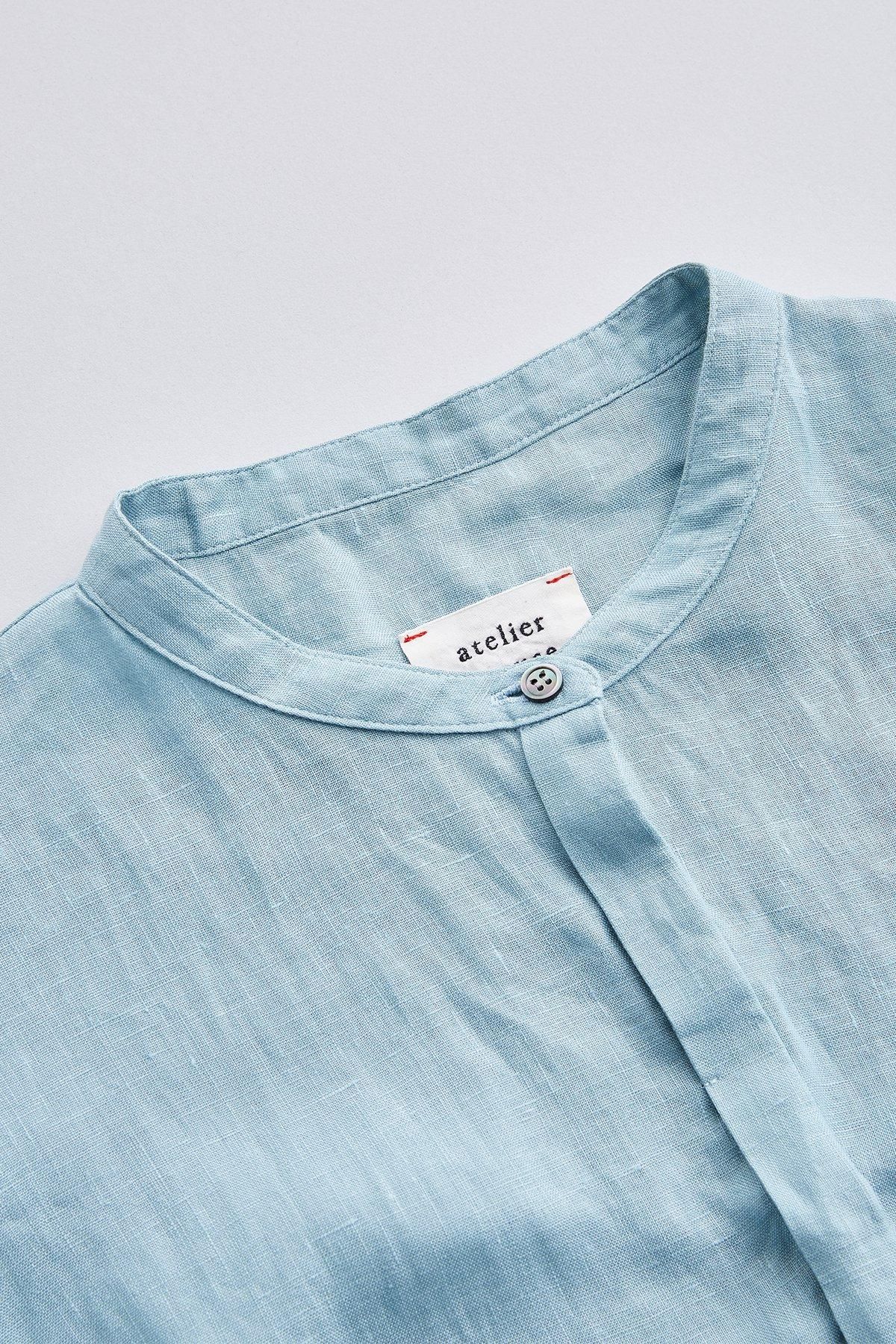 linen shirt gather one-piece / aqua blue - atelier naruse linen shirt gather one-piece / aqua blue - atelier naruse