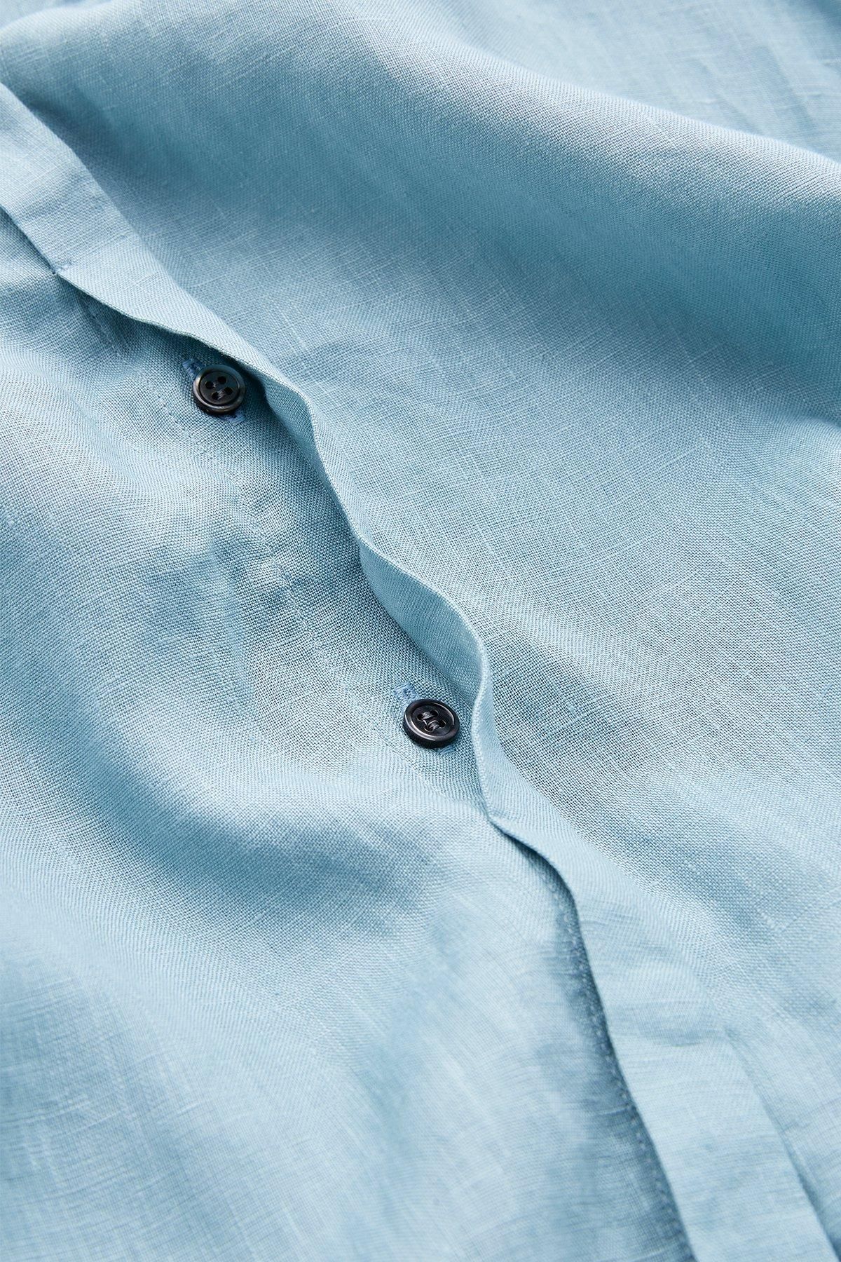 linen shirt gather one-piece / aqua blue - atelier naruse linen shirt gather one-piece / aqua blue - atelier naruse