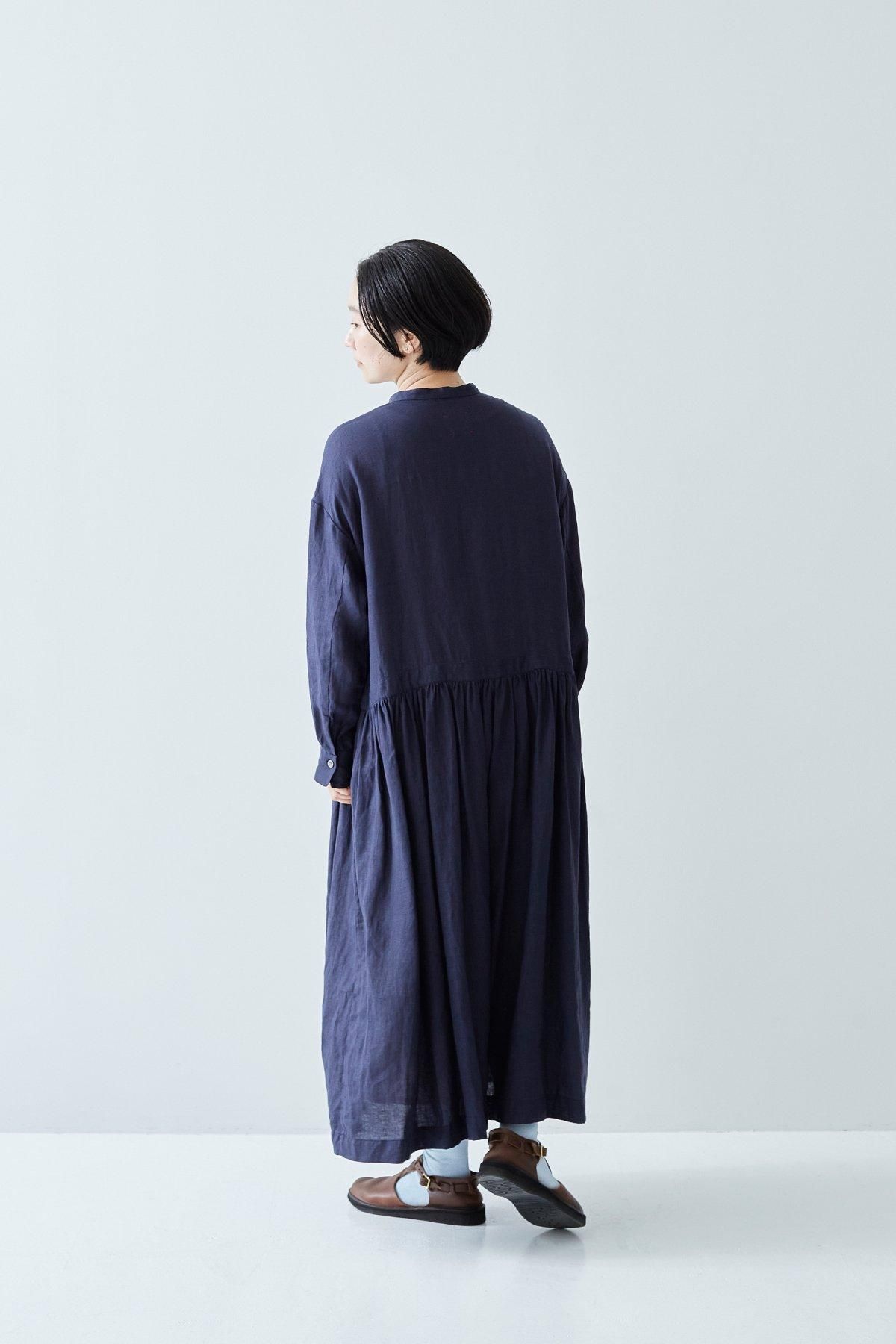 linen shirt gather one-piece / navy - atelier naruse｜Online