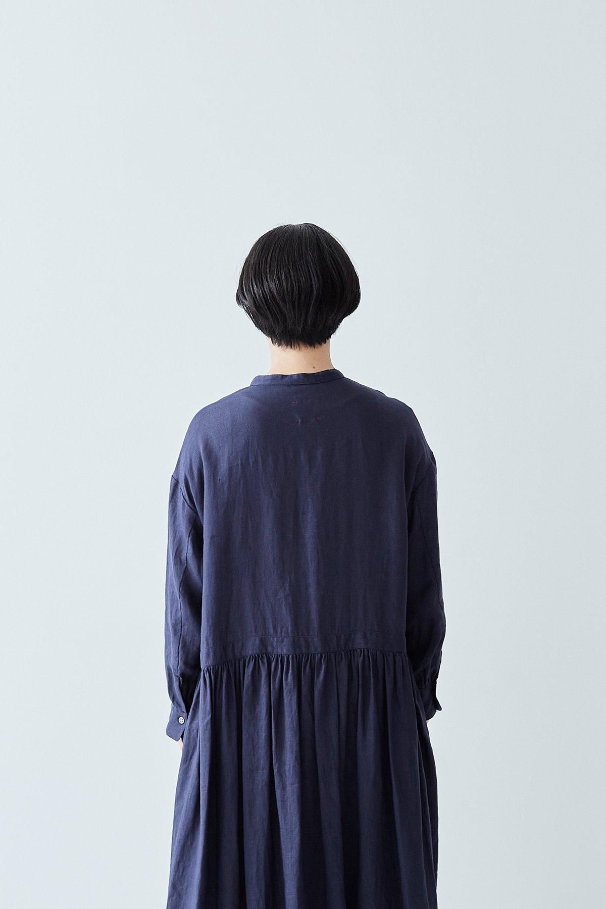 linen shirt gather one-piece / navy - atelier naruse｜Online