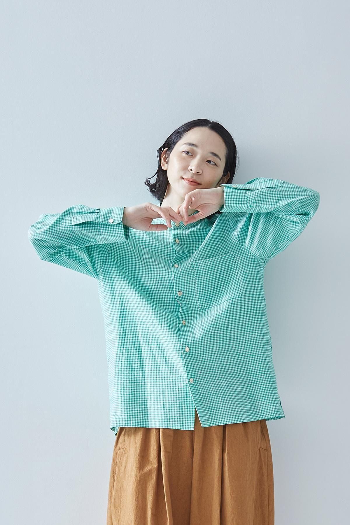 linen mini gingham check blouse - atelier naruse｜Online