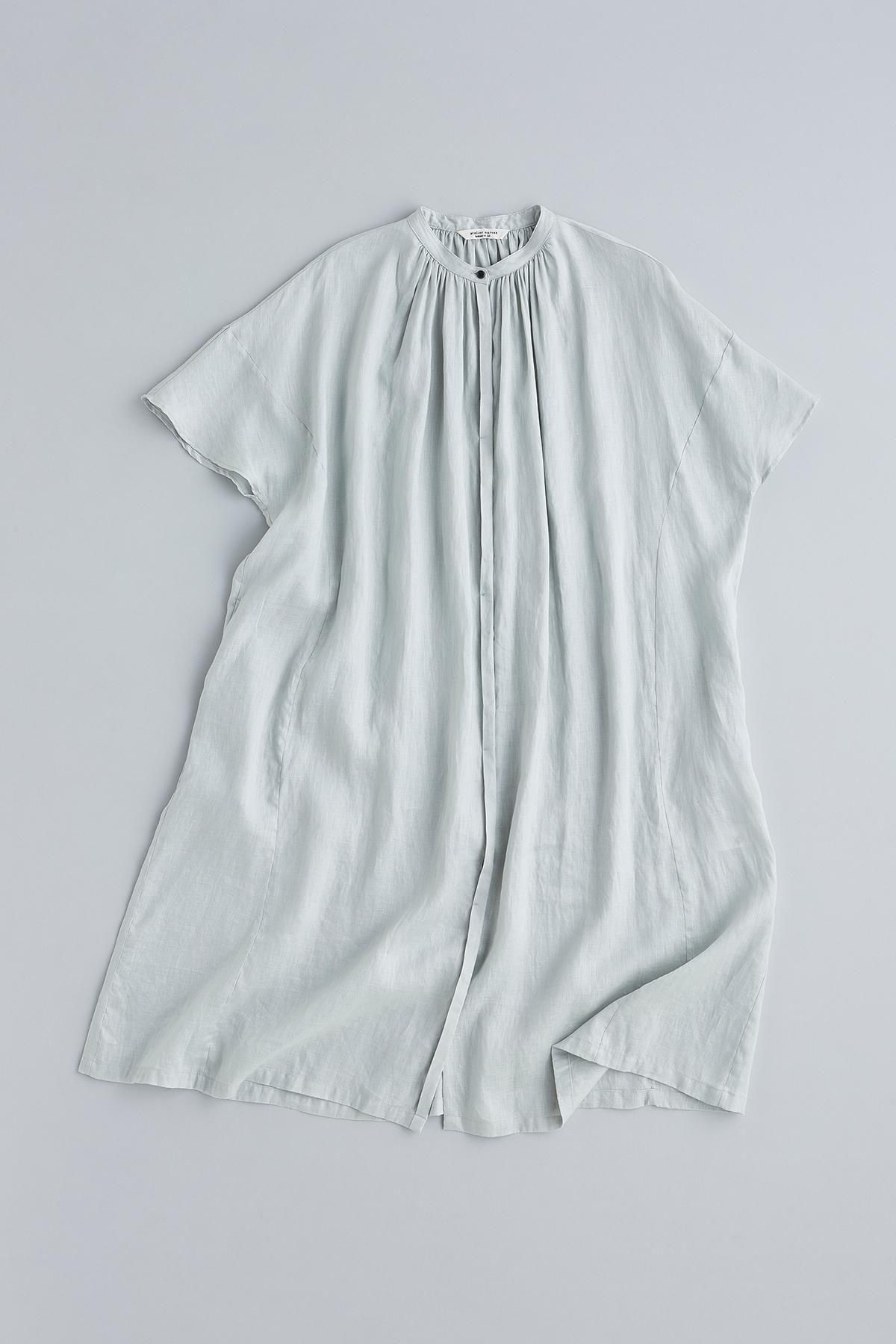 linen wide gather one-piece / aqua blue - atelier naruse｜Online
