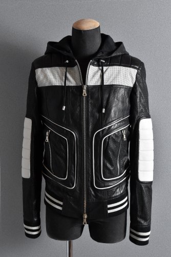 新品 18SS Balmain Colour-Block Hooded Biker Jacket 46 BLACK 国内正規品