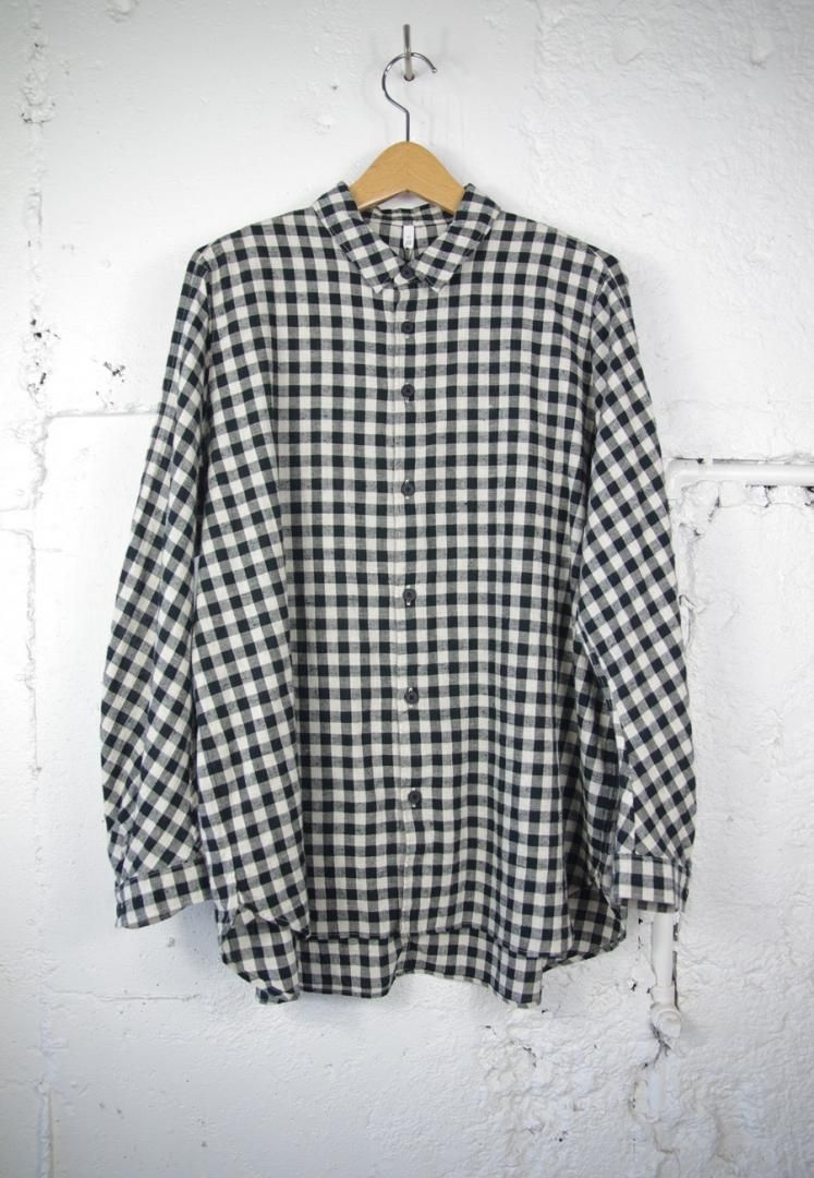 FIRMUM SN_FR0105SF ヒラチェック｜コットン＆リネン・チェック　シーチング　スリムカーブ　スリーブシャツ[WH×BK BLOCK CHECK]