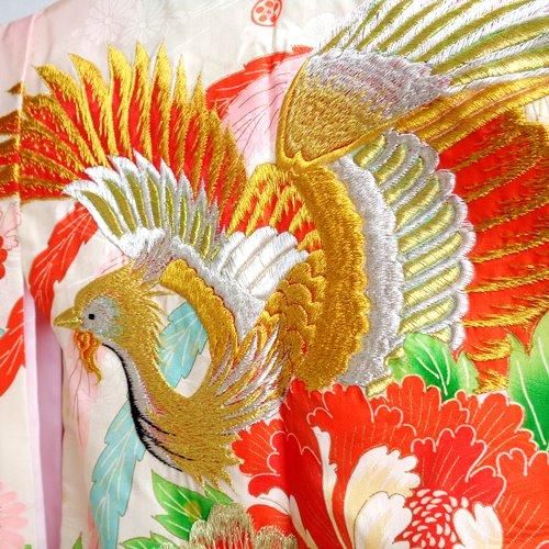 503ag22◎七五三 七歳 女児 アンティーク 鳳凰 着物&丸帯 淡ピンク◎ 女児振袖 アンティーク 七五三お宮参り ピンクに鳳凰の刺繍