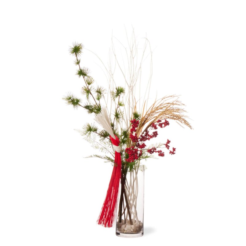 お正月飾り 松×三又 ガラスシリンダー 造花 フラワーアレンジメント 