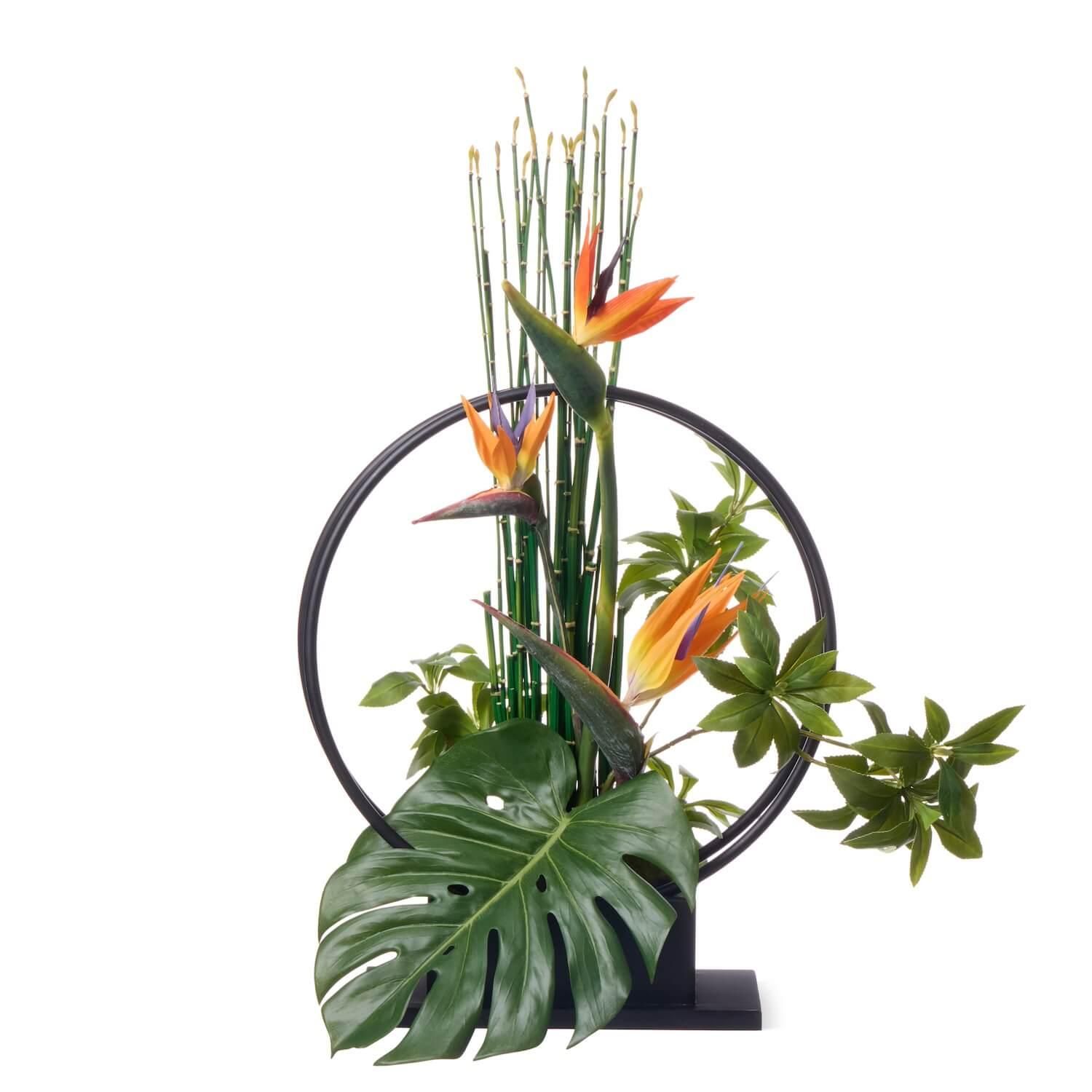 【セット販売】木製ベースとリアルな造花アレンジメント（ストレリチア等） セット販売】木製ベースとリアルな造花アレンジメント