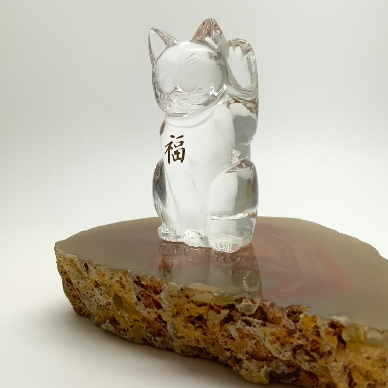 水晶 招き猫 コースターセット 】 水晶 クリスタル めのう 置物 開運