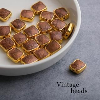 ヴィンテージビーズ フラットラウンド 茶&ゴールド 4個 アクリルビーズ