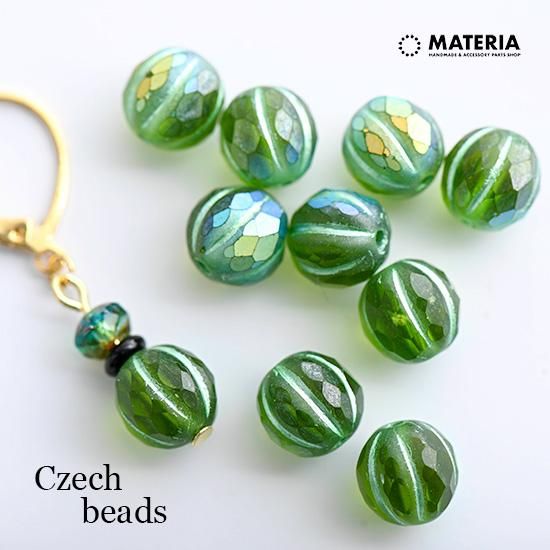 チェコガラスビーズ 多面メロンビーズ マットペリドットグリーン&AB+