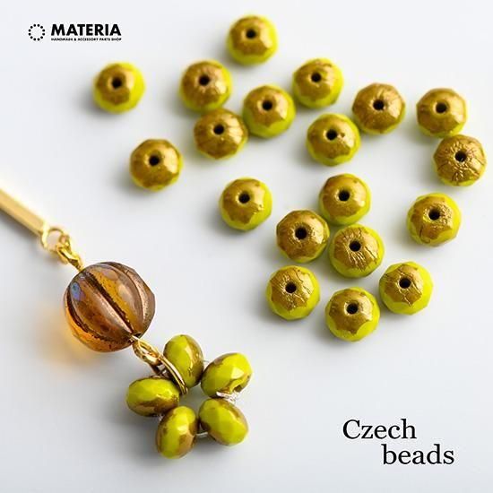 チェコガラスビーズ 多面ロンデル ペリドットグリーン＆ブロンズ 6個