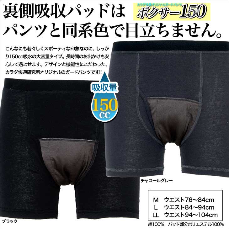 尿漏れパンツ 失禁パンツ 2枚組 男性用 介護下着 ボクサーパンツ 前開き 吸収量150cc 送料無料 bo150-2-1