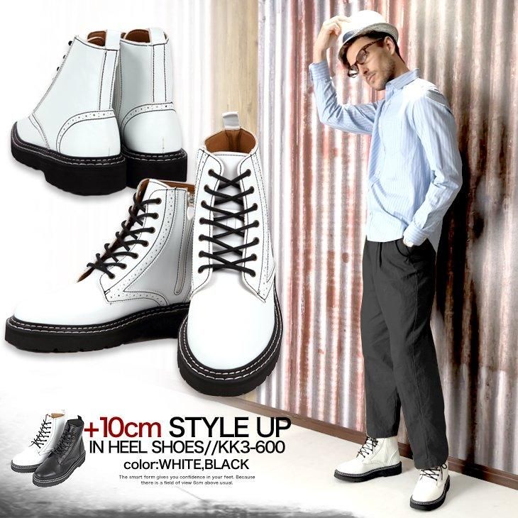 コスプレ 男装 厚底 ブーツ 白 ホワイト シークレットブーツ タオバオ 淘宝網 22㎝】シークレットブーツ レースアップ ショートブーツ ホワイト 10