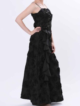 【小さめ】漆黒のローズ柄ブラックロングドレス オーケストラ5176伴奏　ステージ衣装の通販