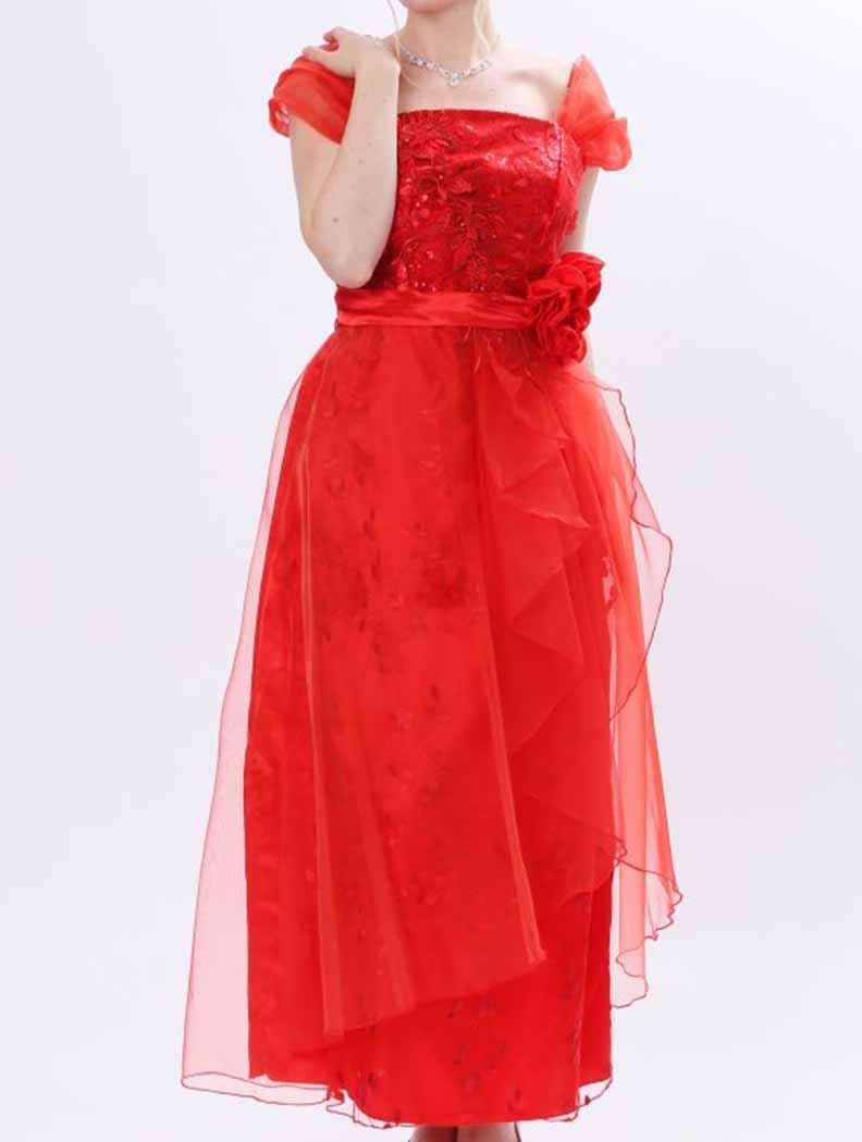 刺繍フリルロングドレス 演奏会に♪ 花柄レッドロングドレス♡結婚式 刺繍フリルロングドレス 演奏会に♪ 花柄レッドロングドレス♡結婚式